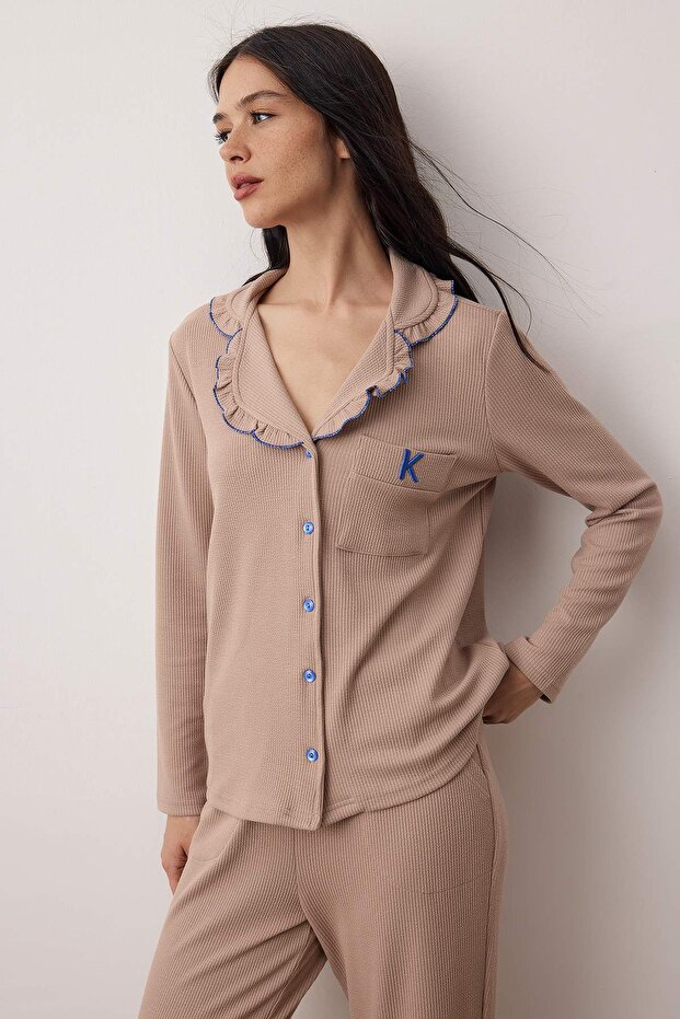 Bej Fırfırlı Nakışlı Fitilli Örme Pijama Takımı THMAW26PT00224 - 2