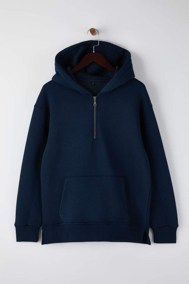 Lacivert Oversize/Geniş Kesim Fermuarlı Kapüşonlu İçi Polarlı Basic Sweatshirt TMNAW25SW00050 - 6