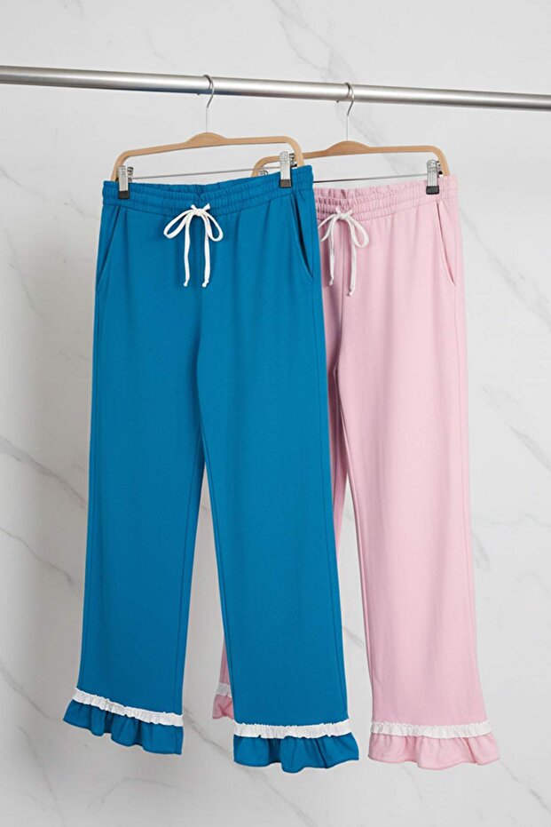 Pembe-Mavi 2'li %100 Pamuklu Fırfırlı Örme Pijama Altı THMAW26PJ00002 - 6