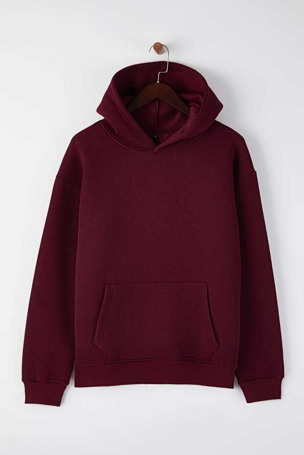 Bordo Oversize/Geniş Kesim Sırtı Nakış Detaylı Kapüşonlu Sweatshirt TMNAW25SW00142 - 9