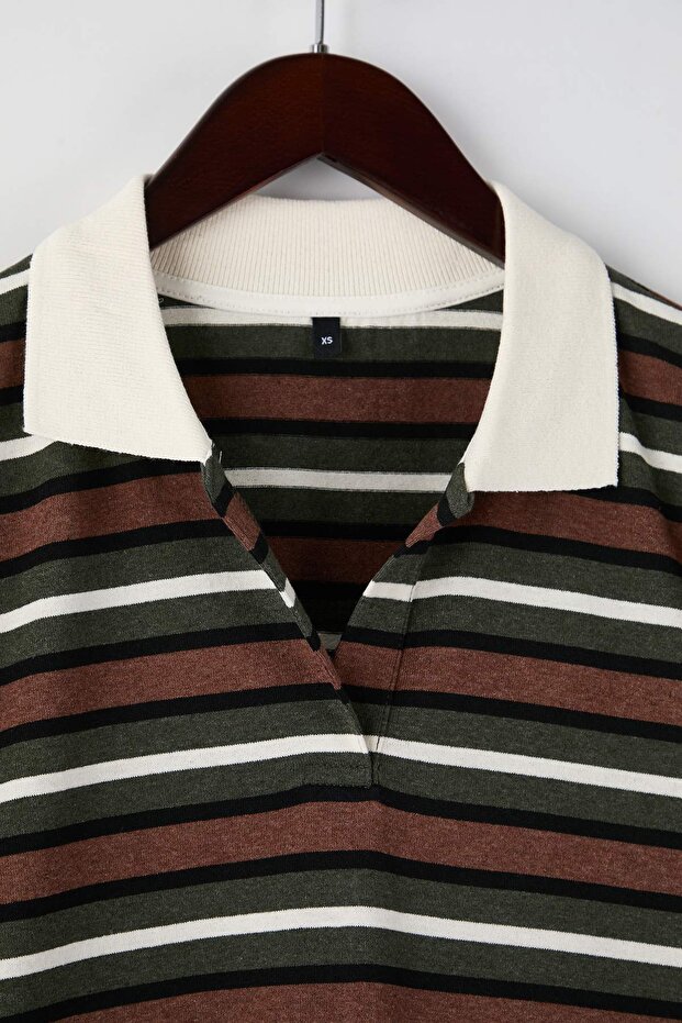 Haki Çizgili Polo Yaka Oversize/Geniş Kalıp Örme T-Shirt TWOAW26TS00020 - 6