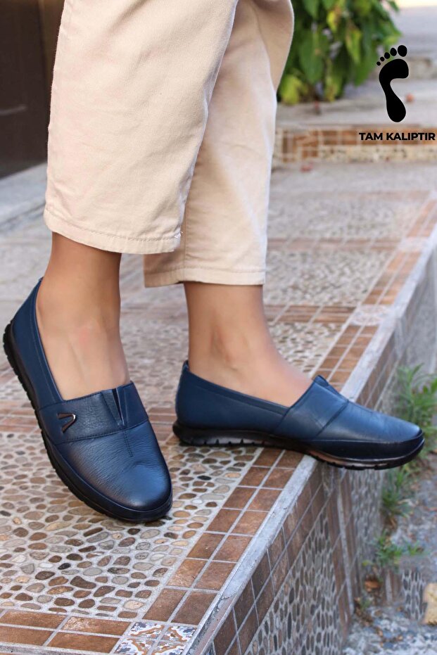 Genuine Leather Women's Daily Casual Shoes Navy Blue Slip-On Laceless Inside and Outside Leather 864Za101