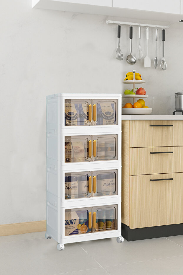Trend Maison 4'lü Portatif Çok Amaçlı Tekerlekli Modüler Katlanabilir Dolap Banyo Mutfak Organizer Saklama Kutusu