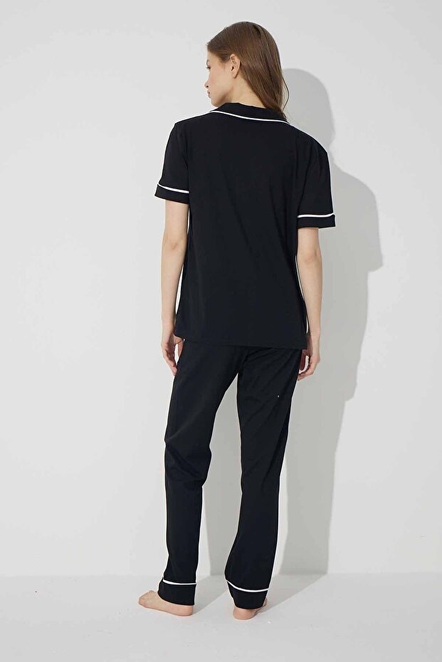 Dámska čierno-biela pyžamová súprava z bavlny s krátkym rukávom - 3