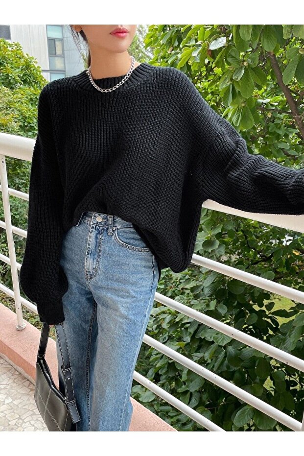 Damen-Selanik-Strickpullover in Schwarz, Oversize-Pullover, Damen Pullover - 4