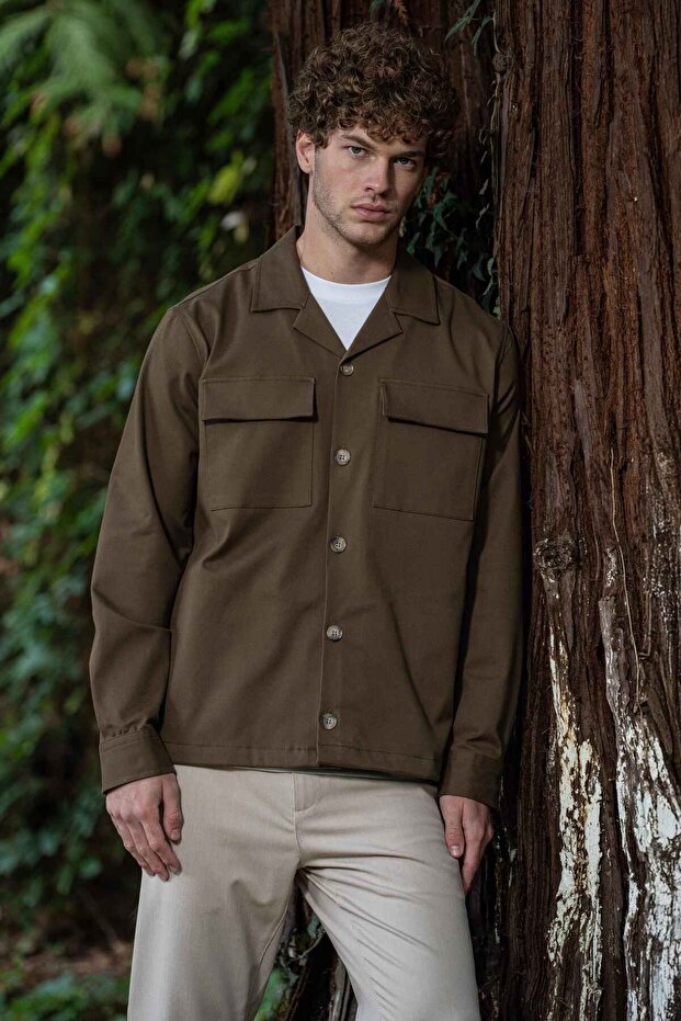 Khaki Pocketed Comfort Fit Men's Shirt Jacket