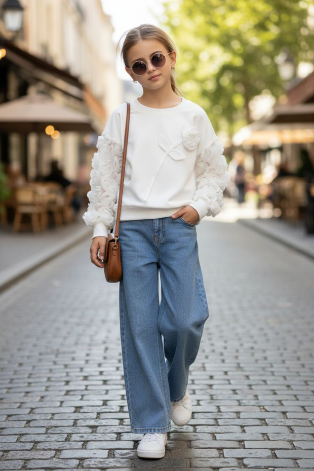 Girl's Tulle Sleeve Rose Detailed Sweatshirt and Wide Leg Jeans Set