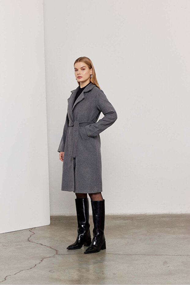 Women's Gray Anthracite Belted Buttoned Cashmere Coat / Sevde Ugur