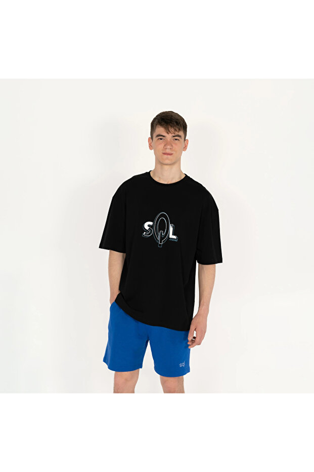 Oversized SQL Baskılı Erkek Siyah T-Shirt