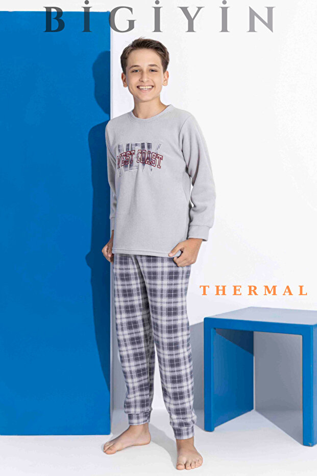 Gray Boy's Fleece Pajama Set Children's Winter Pajama Set Thick Pajamas