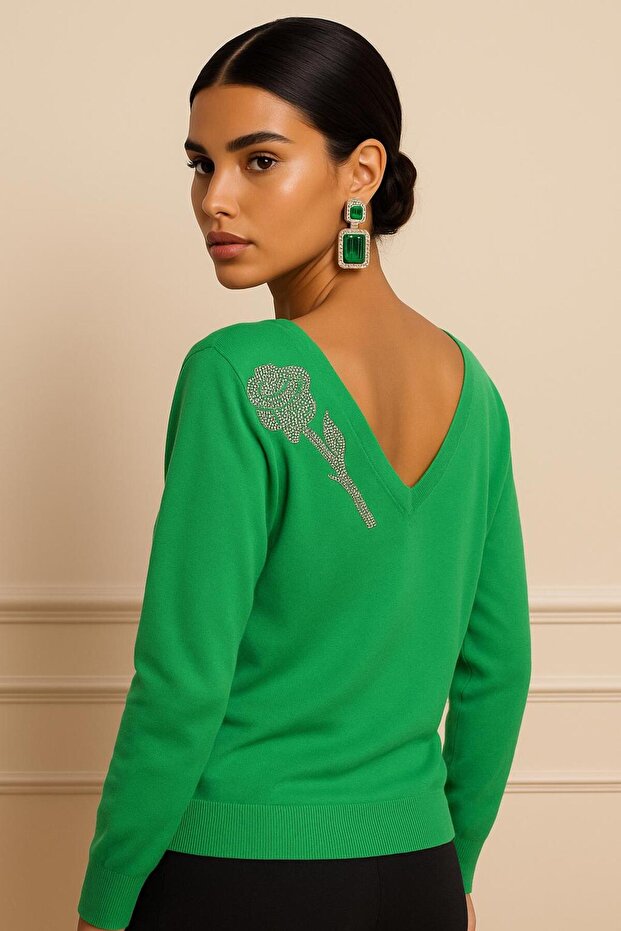 Backless Stone Flower Detailled Knitwear-26K74028-Green-20