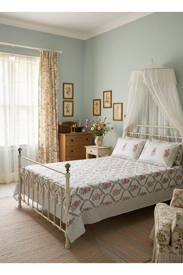 Heritage Block Print 100% Cotton Percale Bedsheet with 2 Pillowcases