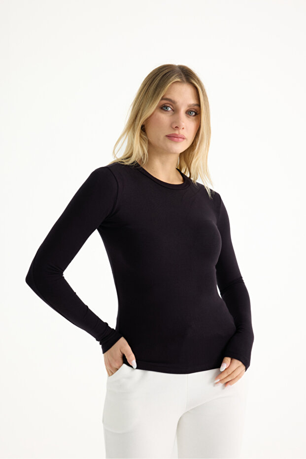 Women's Black Cotton Long Sleeve Crew Neck Basic Long Blouse