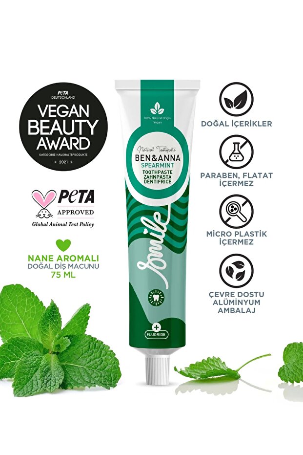 Ben & Anna Fluoride-Free Mint Flavored Toothpaste 75 ml Fresh Breath Powerful Mineral Vegan