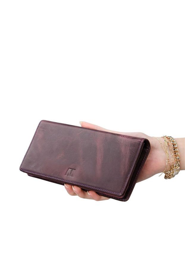 Golden Genuine Leather Wallet with Phone Compartment Purple