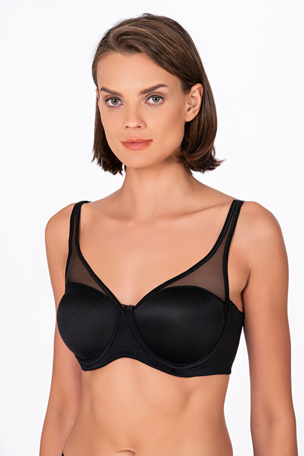 Women's Underwire Minimizer Gathering Bra – Black with Transparent Tulle Detail