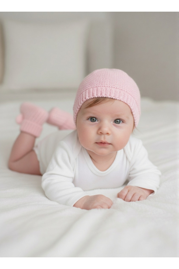 Hand Knitted Pink Beanie & Booties Set for Newborn Baby