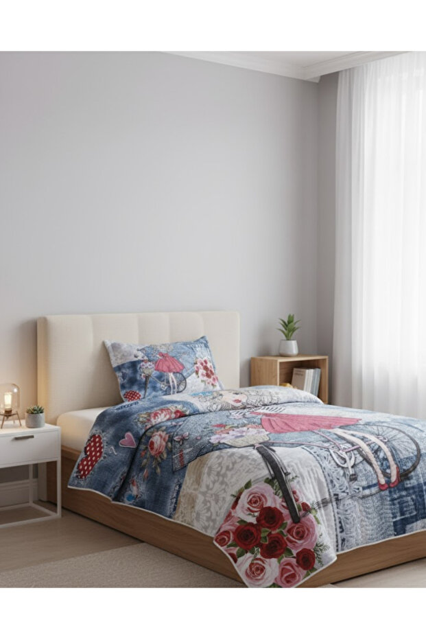 Çiçekci Kız Çocuk Tek Kişilik Yatak Örtüsü Takımı - Pike Set - 5