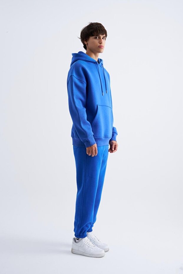 Erkek Basic Kapüşonlu Oversize Saks Sweatshirt - 4