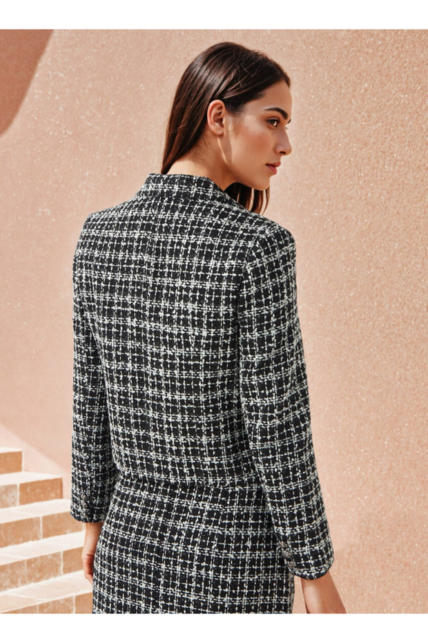 Checked Notch Lapel Tweed Jacket - 3