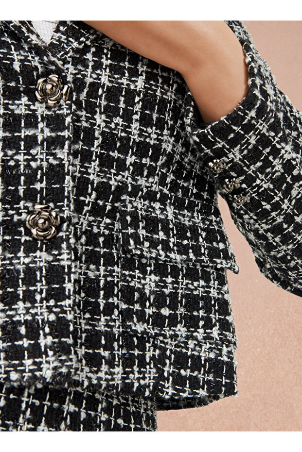 Checked Notch Lapel Tweed Jacket - 4