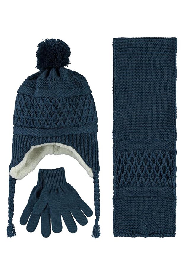 Garson Basic 10-13 Years Old Scarf Beanie Gloves Set - Blue Standard
