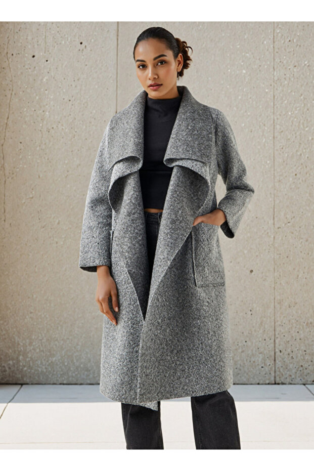 Knee Length Polyester Waterfall Collar Trench Coat - 1