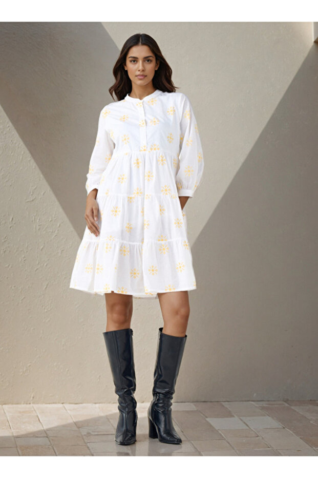 Embroidered Tiered Women Dress with Mandarin Collar Cotton