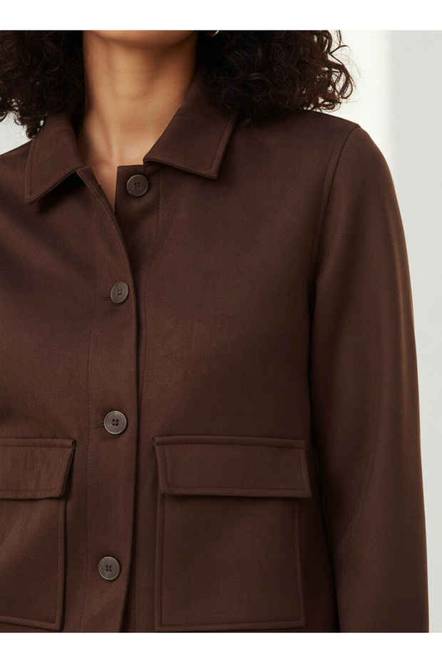 Regular Polyester Blend Shacket with Pockets - 4