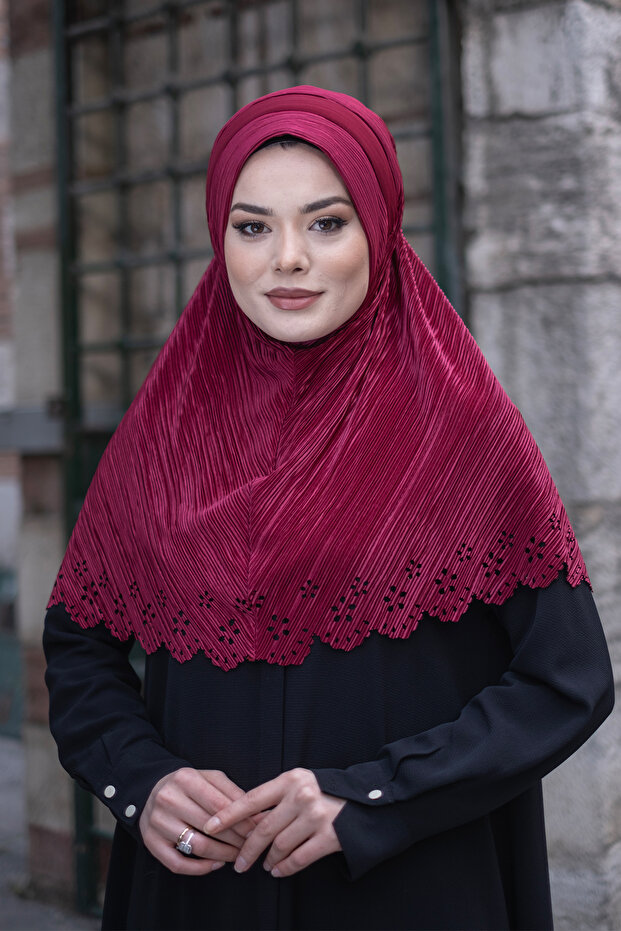 وشاح حجاب متشابك عملي أحمر كلاريت قماش فوكورو مطوي زهرة منقوشة قطع ليزر 1829_16