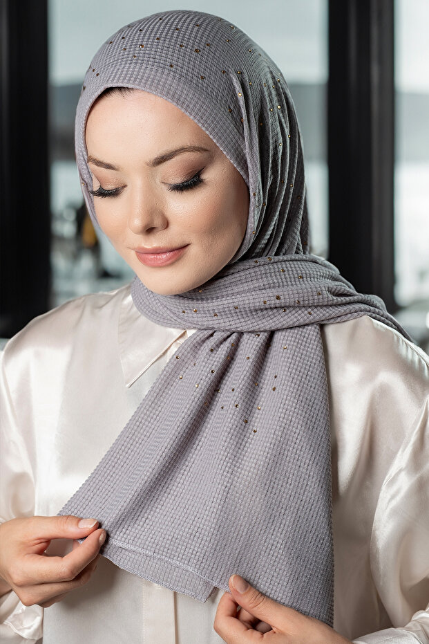 Gray Practical Ready-made Hijab Shawl Knitted Fabric Stone Patterned 2118T_15