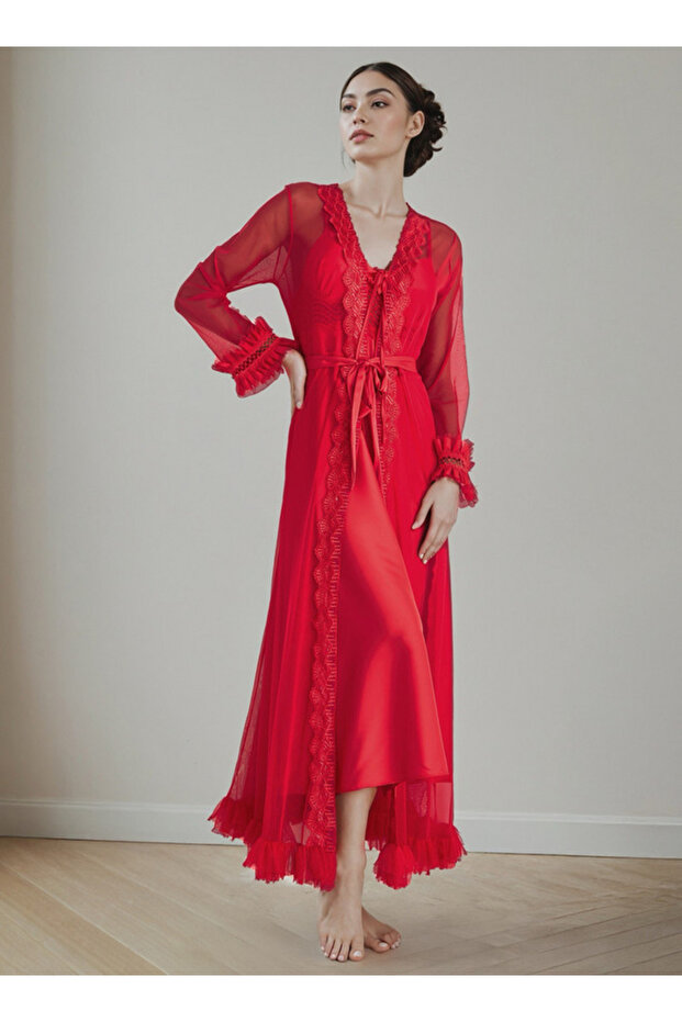 Lace Trim Bridal Night Gown with Belted Robe