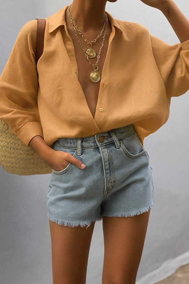 Boyfriend Loose Fit Linen Look Ayrobin Camel Color Shirt