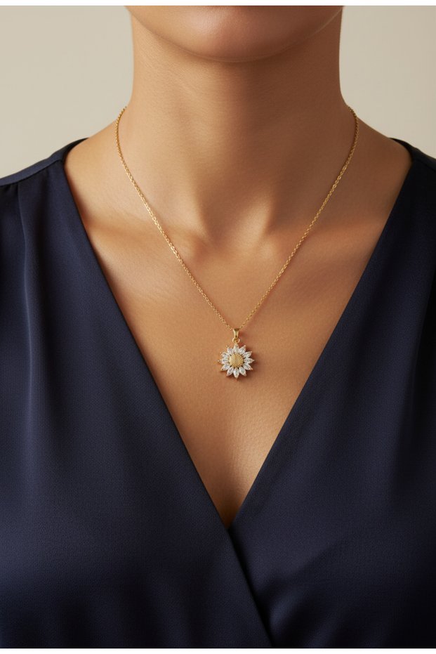 Gold Color Stainless Tarnish Free Zircon Stone Steel Sunflower Necklace