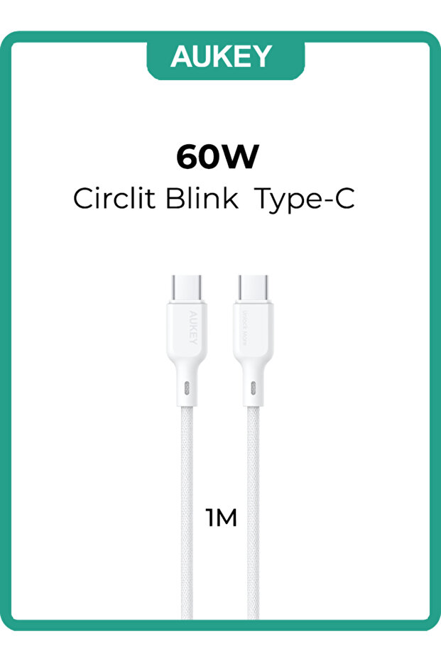 كابل سيركلت بلينك لايت، ٦٠ واط، بطول متر واحد، مضفر بتقنية دي تي واي، من USB-C إلى USB-C - CB-DCC063 أبيض