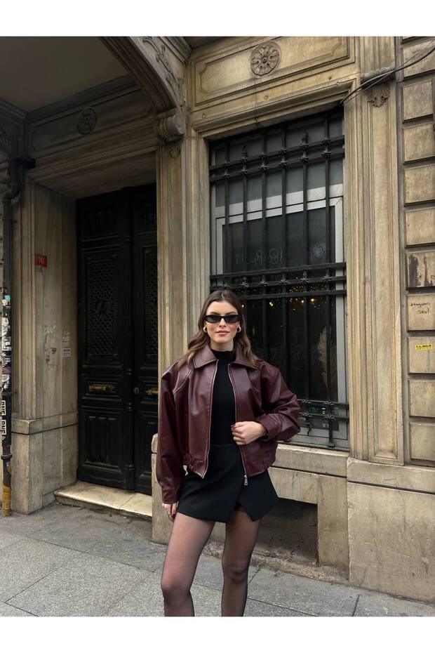 Bordo Bomber Deri Ceket - 7