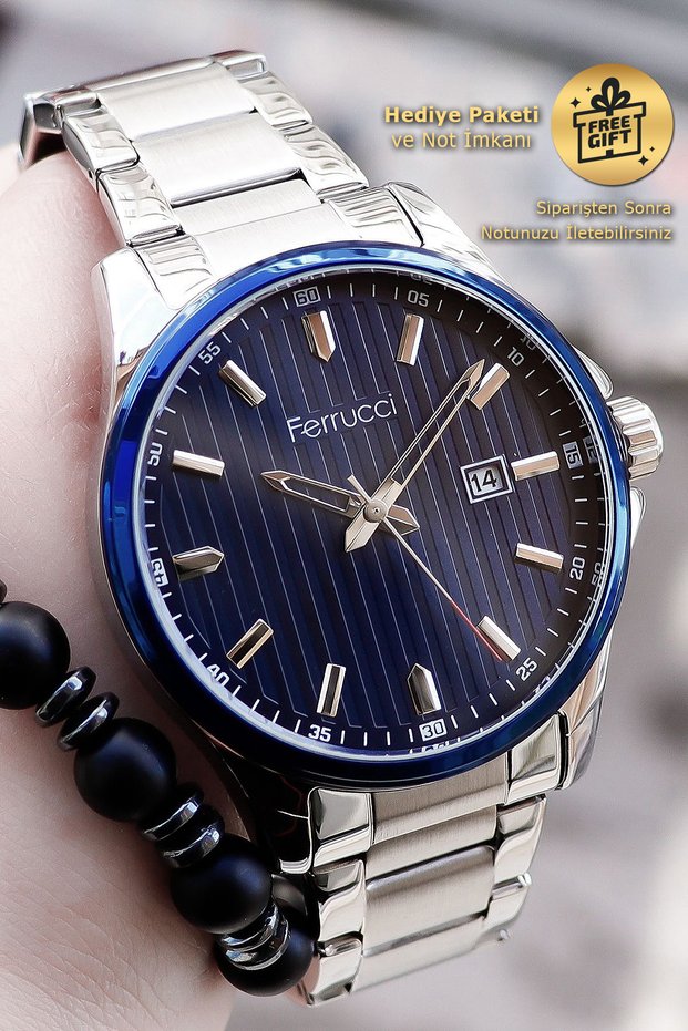 Steel Men's Wristwatch with Calendar in Navy Blue Silver White with Bracelet Gift 178014