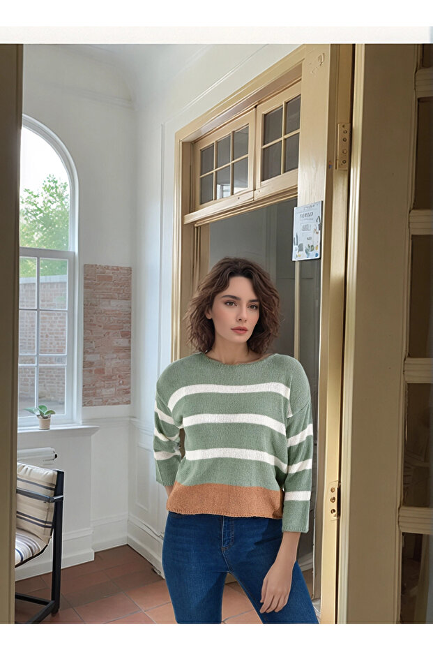 20026185 Knitwear Striped Blouse Green-Ekru