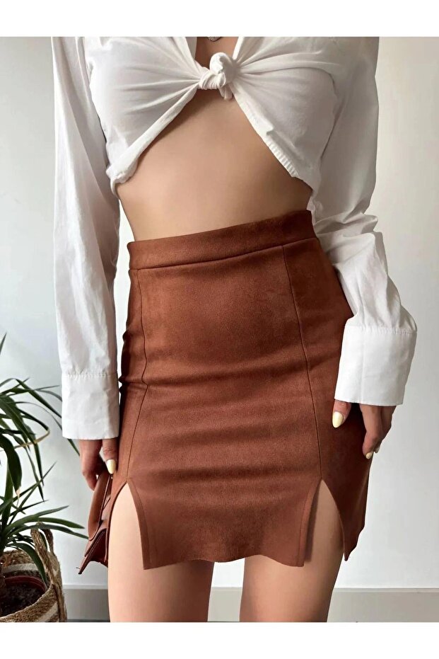 Taba Süet Etek - Çift Yırtmaçlı - 1