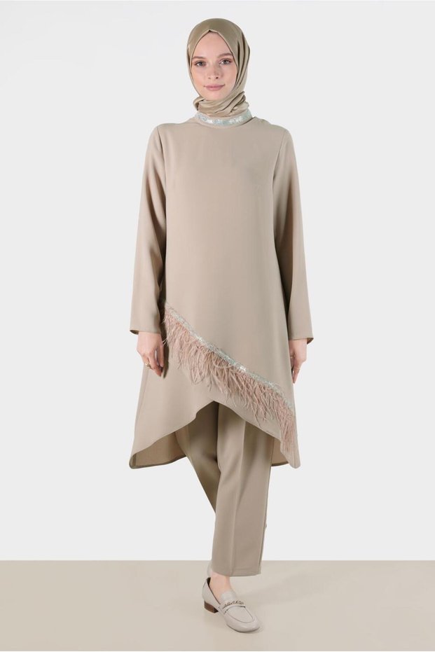 Feather-Detail Stone-Embellished Double Pant Set 30204