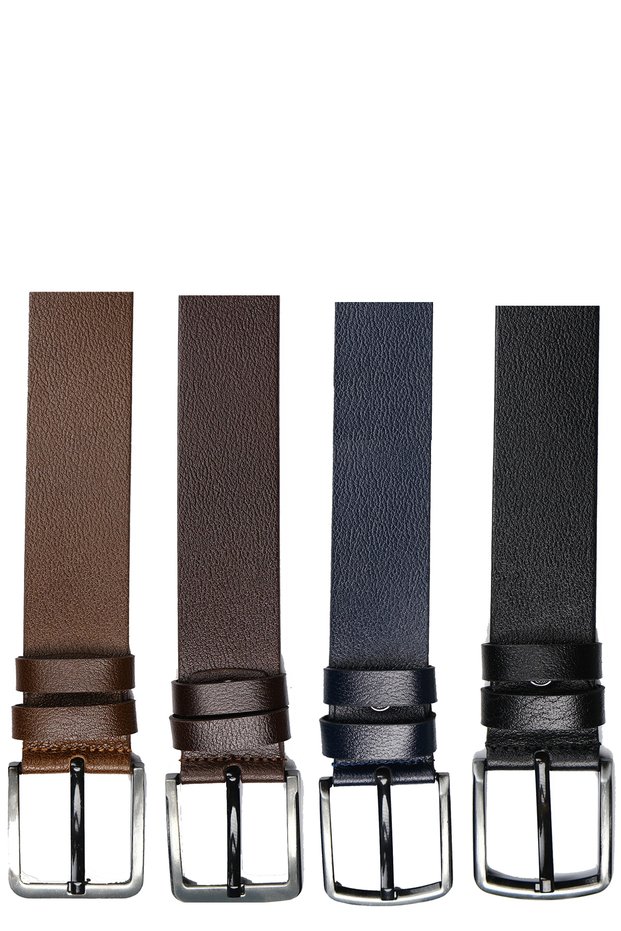 Genuine Leather 4 cm Classic Men's Belt 4 Pieces - Brown, Navy Blue, Tan, Black (Denim/Leinen)