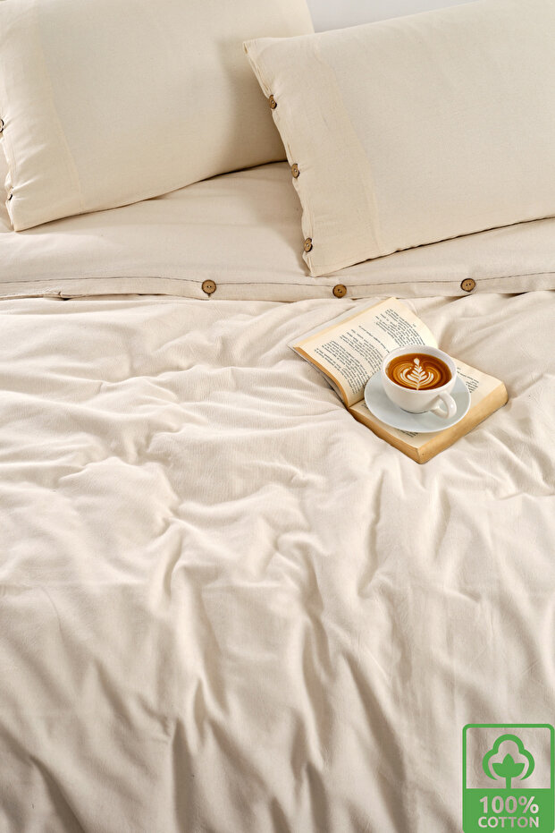 Cotton Natural Undyed Double Buttoned Duvet Cover Set