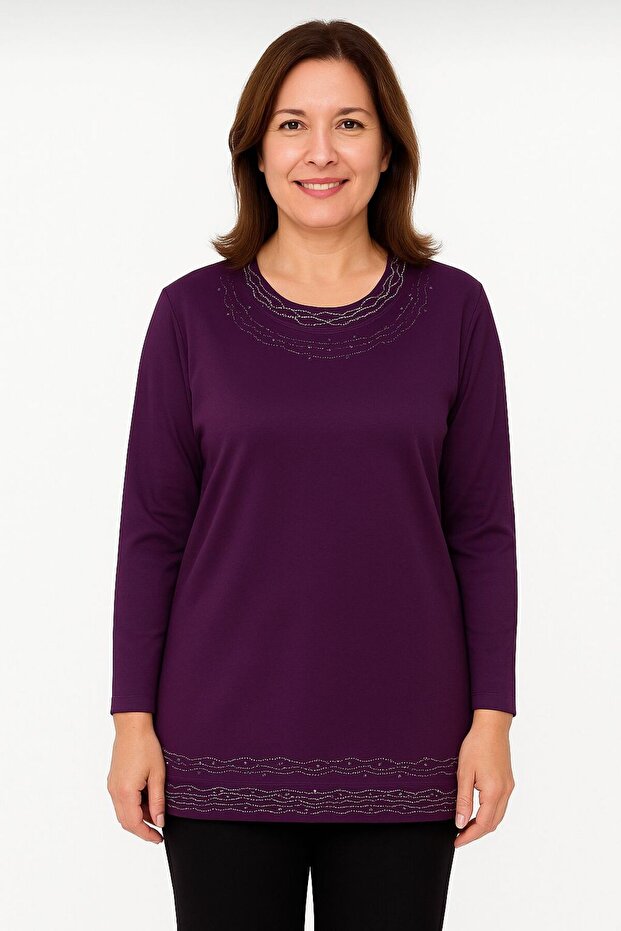 Relaxed Cut Pearl Stone Embroidered Mother Women's Combed Cotton Blouse