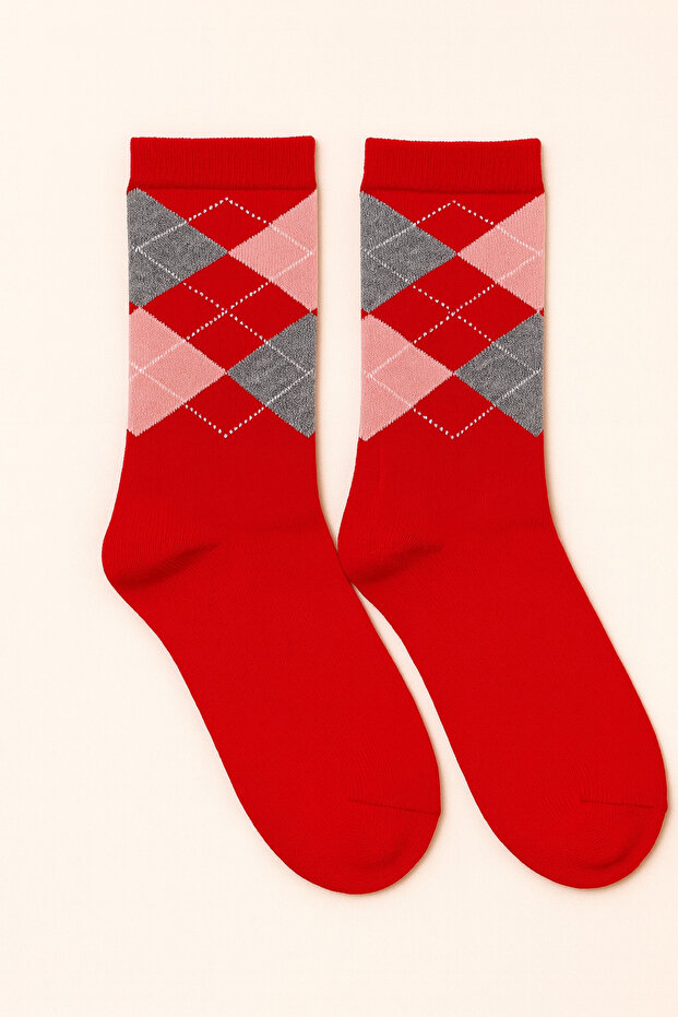 Children's Plaid Patterned Socket Socks Red - 1
