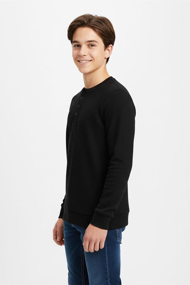 Seasonal Button Detailed Bawelna Fabric Long Sleeve Boys' Sweatshirt