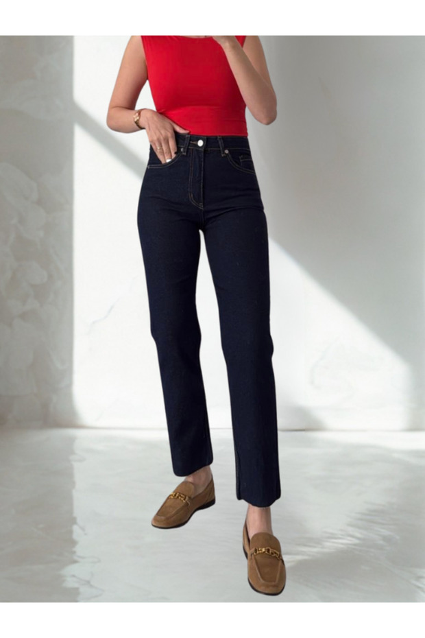 Dark Blue Lycra Mom Fit Relaxed Cut Jean Jeans