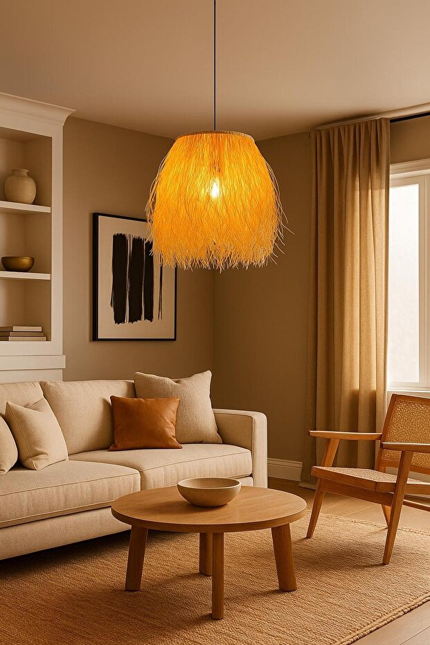 Handmade Rafya Avize Doğal Rafya İpli Kağıt İp El Yapımı Sarkıt Avize - 1