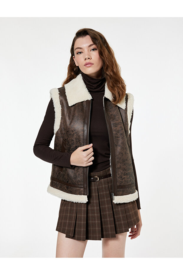Zippered Collar Faux Leather Vest with Pocket and Plush Detail