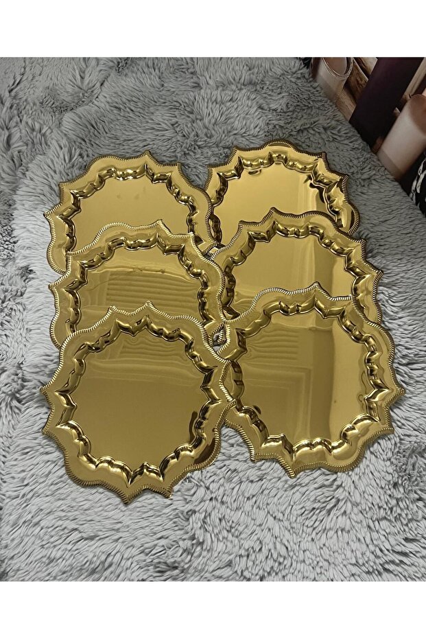 6-Piece Gold Stainless Steel Coffee Presentation Tray with Wavy Edges