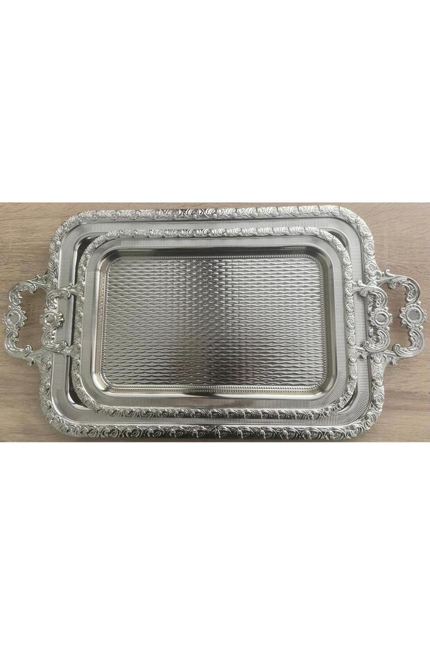 2 Li Dövme Desenli Zerafet Tepsi Seti Gümüş 2024 SET2 - 1